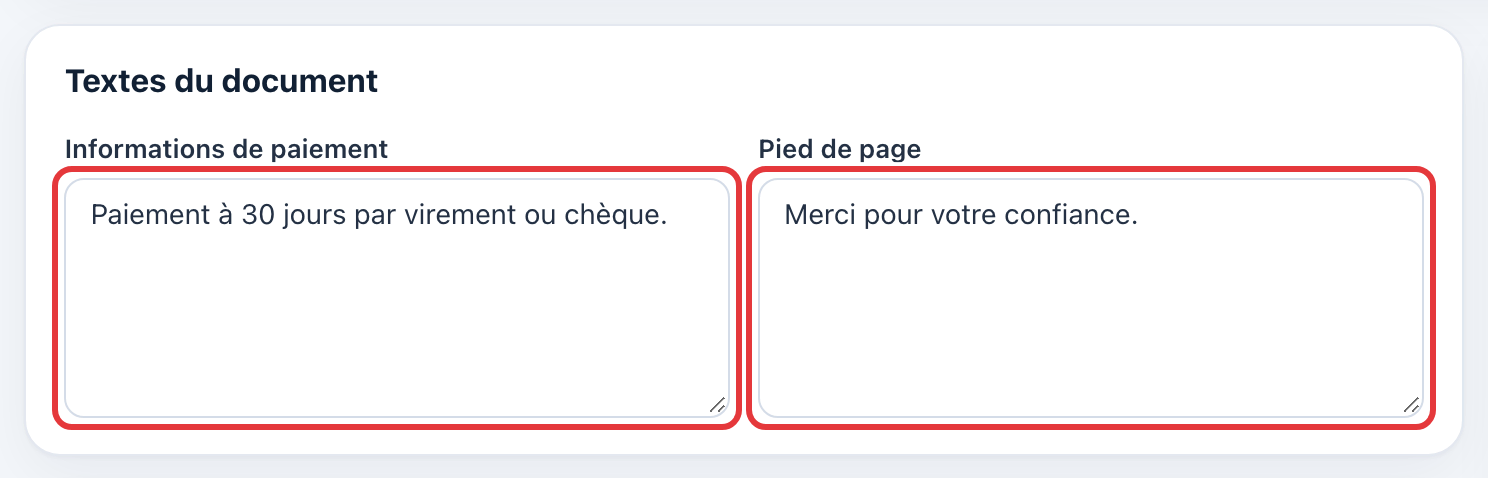 Carte Textes du document : les champs Informations de paiement et Pied de page sont entourés en rouge.