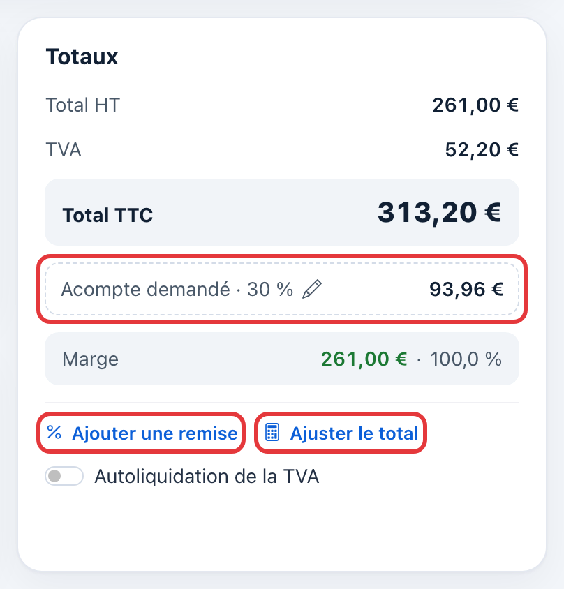 Carte Totaux : l'acompte demandé (30 %), le lien Ajouter une remise et le lien Ajuster le total sont entourés en rouge ; dessous, l'interrupteur Autoliquidation de la TVA.
