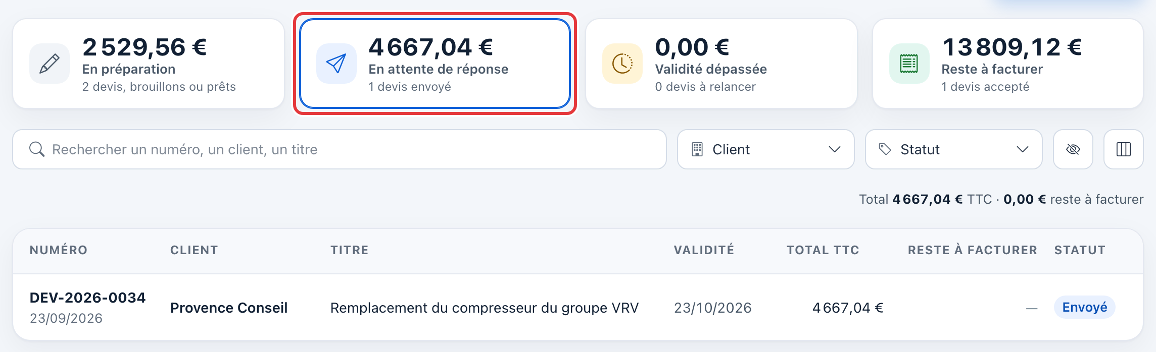 Le compteur En attente de réponse, entouré en rouge, est actif : la liste ne montre plus que le devis envoyé.