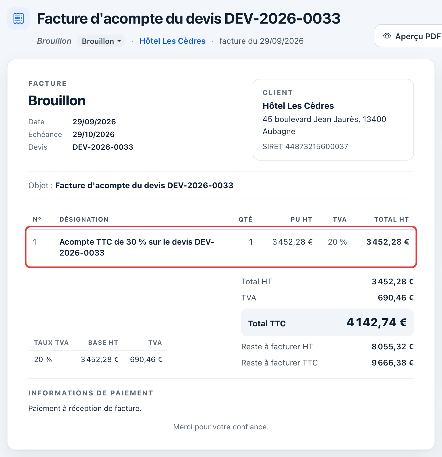 Facture d'acompte du devis DEV-2026-0033 en brouillon : la ligne « Acompte TTC de 30 % sur le devis », entourée en rouge, puis les totaux et le reste à facturer.