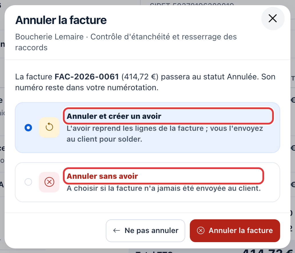 Fenêtre Annuler la facture FAC-2026-0061 : les deux choix, Annuler et créer un avoir et Annuler sans avoir, sont entourés en rouge ; boutons Ne pas annuler et Annuler la facture.