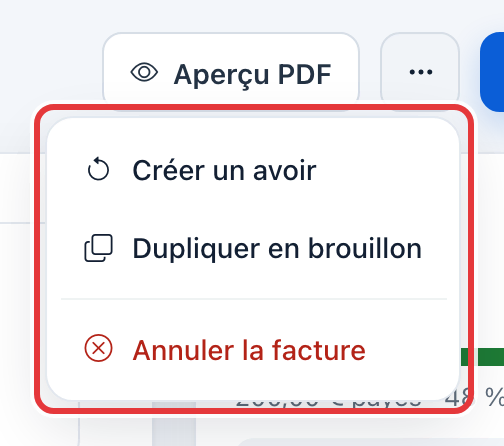 Menu ⋯ d'une facture envoyée, entouré en rouge : Créer un avoir, Dupliquer en brouillon, Annuler la facture.