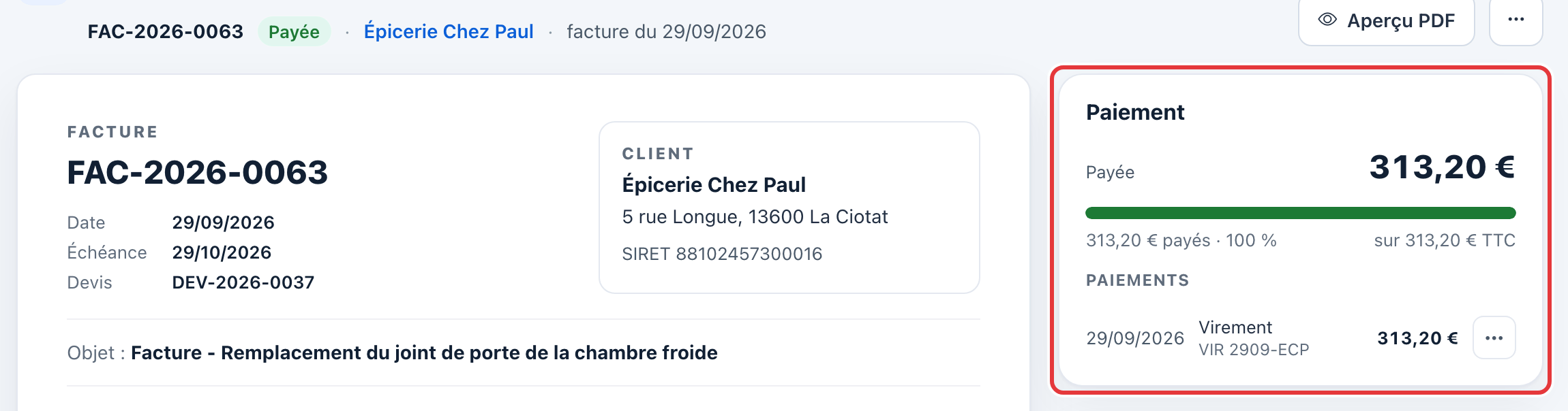 Fiche de la facture payée : la carte Paiement, entourée en rouge, montre 313,20 € payés, 100 %, et le paiement par virement du 29/09/2026.