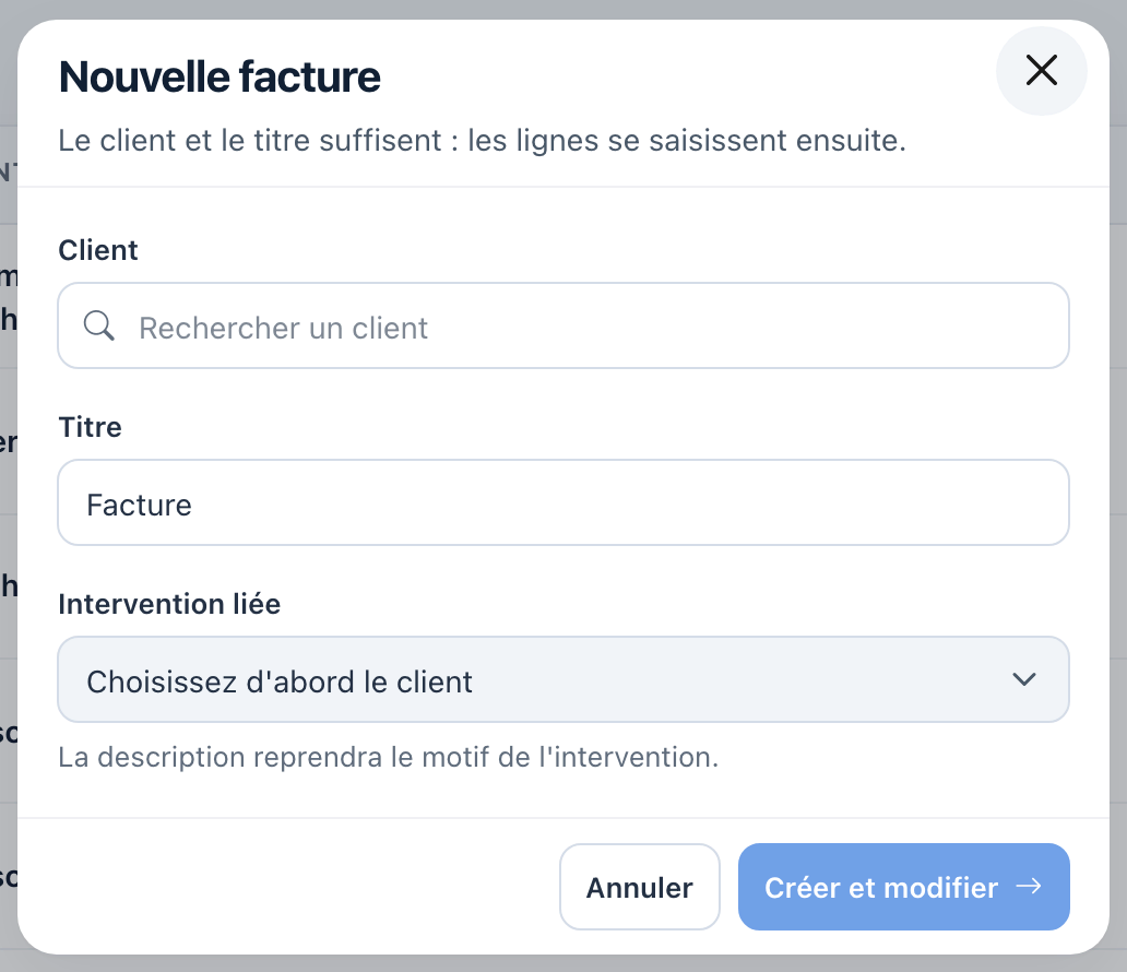 Fenêtre Nouvelle facture : le client, le titre « Facture », l'intervention liée et le bouton Créer et modifier.