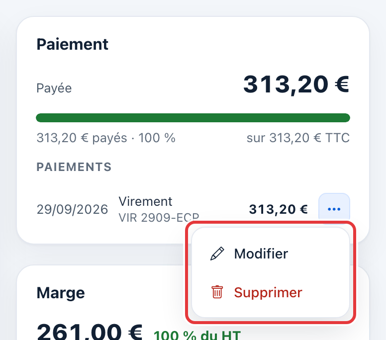 Menu d'un paiement dans la carte Paiement, entouré en rouge : Modifier, Supprimer.