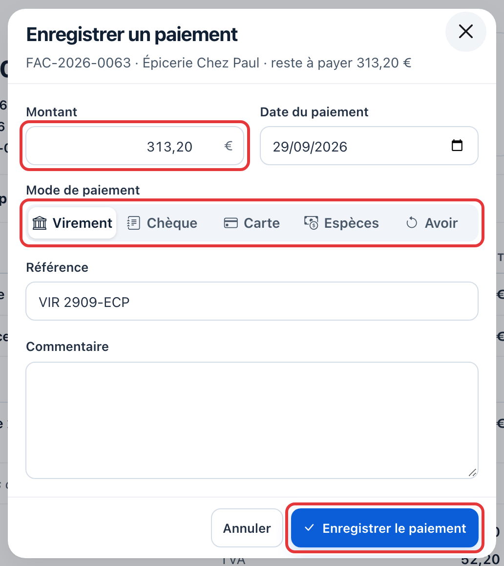 Fenêtre Enregistrer un paiement pour FAC-2026-0063 : le montant 313,20 €, les modes de paiement avec Virement choisi et le bouton Enregistrer le paiement sont entourés en rouge ; la référence VIR 2909-ECP est saisie.