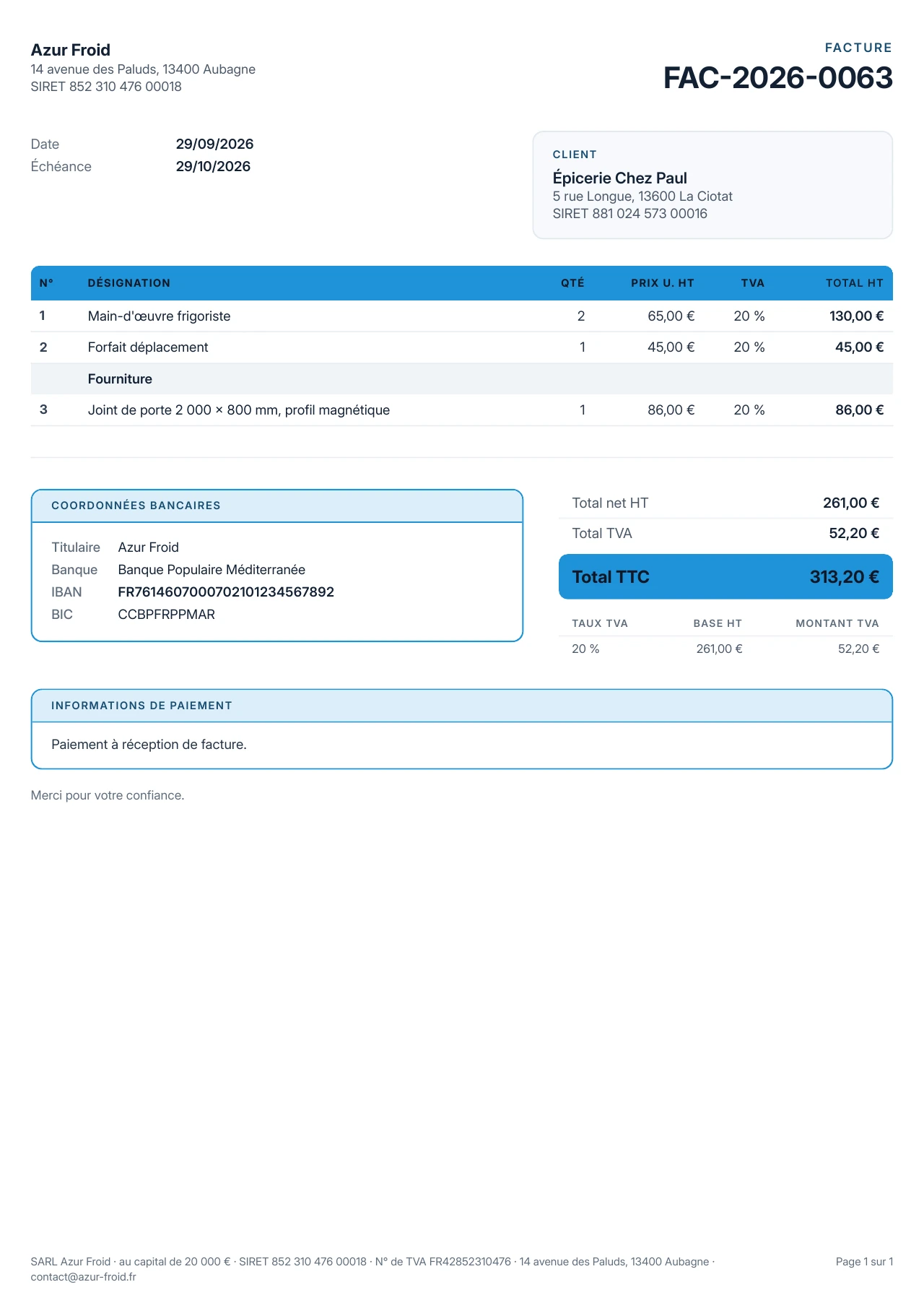 La facture FAC-2026-0063 en PDF : les lignes, les coordonnées bancaires, les totaux et les informations de paiement.