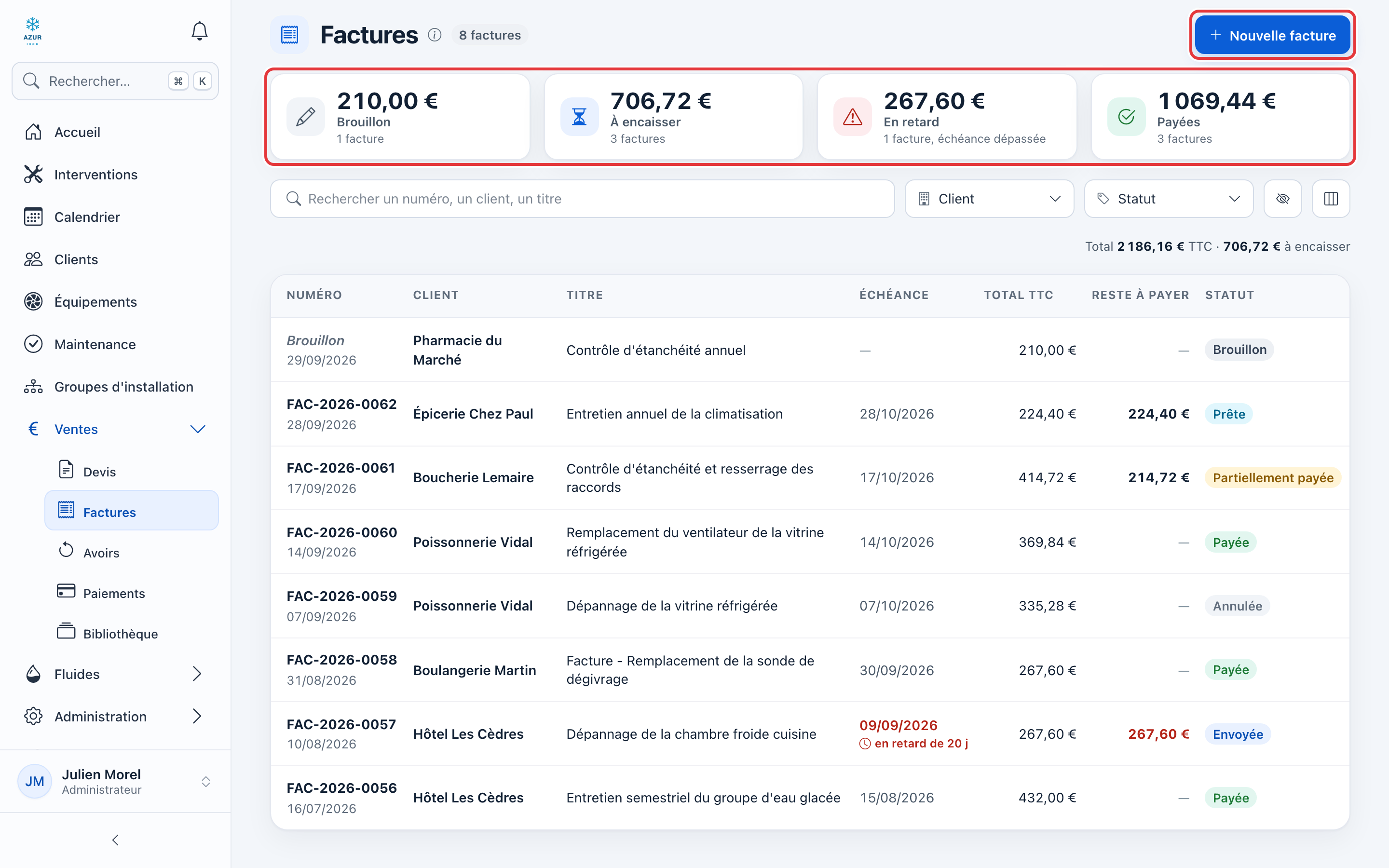 Page Factures : les compteurs Brouillon, À encaisser, En retard et Payées et le bouton Nouvelle facture sont entourés en rouge ; dessous, les factures avec leur échéance, leur reste à payer et leur statut.