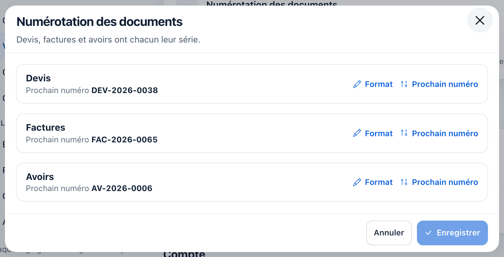 Fenêtre Numérotation des documents : les trois séries Devis, Factures et Avoirs avec leur prochain numéro, et pour chacune les liens Format et Prochain numéro.