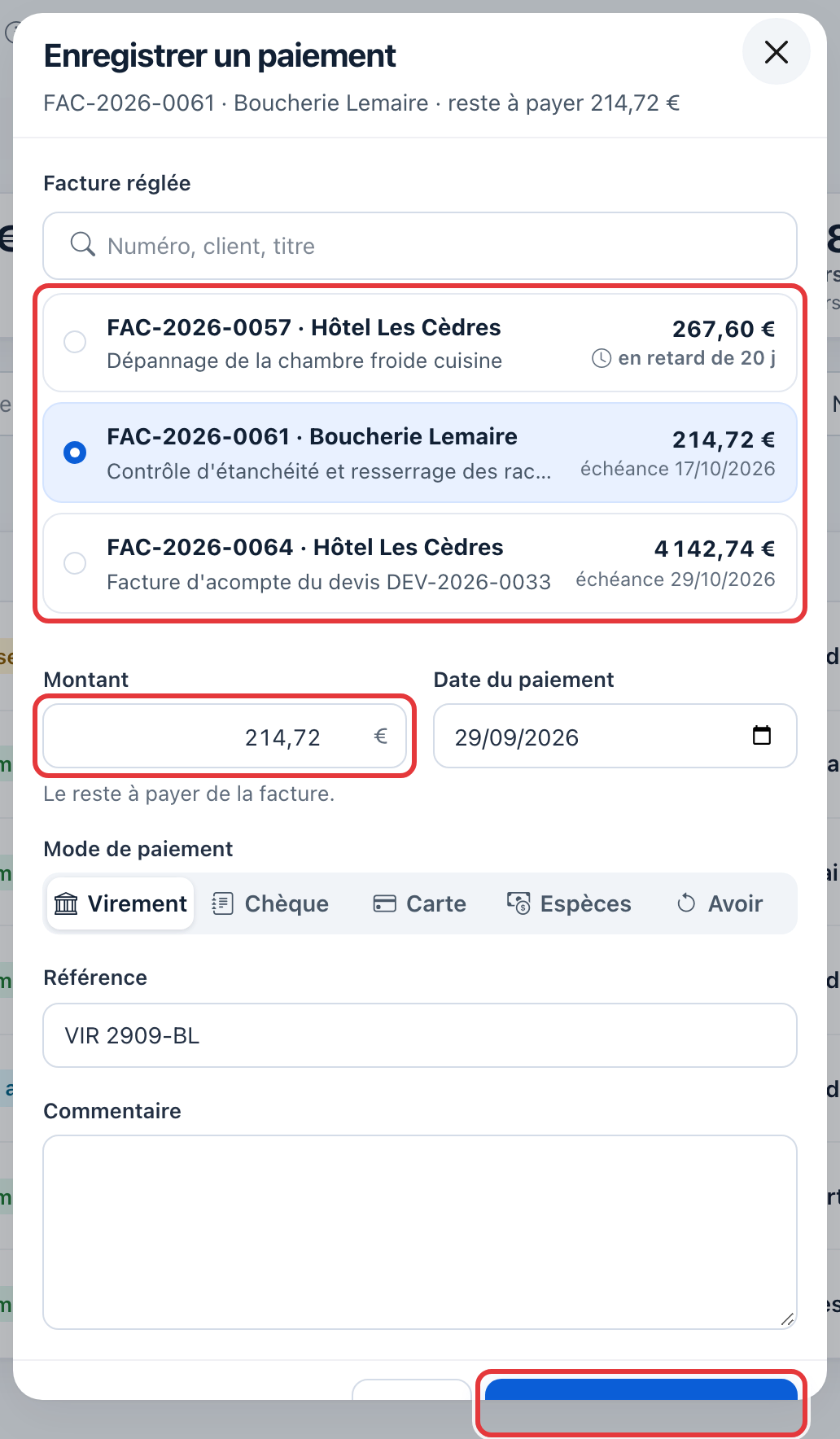 Fenêtre Enregistrer un paiement : la facture FAC-2026-0061 choisie, le montant 214,72 € et le bouton Enregistrer le paiement sont entourés en rouge ; mode Virement, référence VIR 2909-BL.