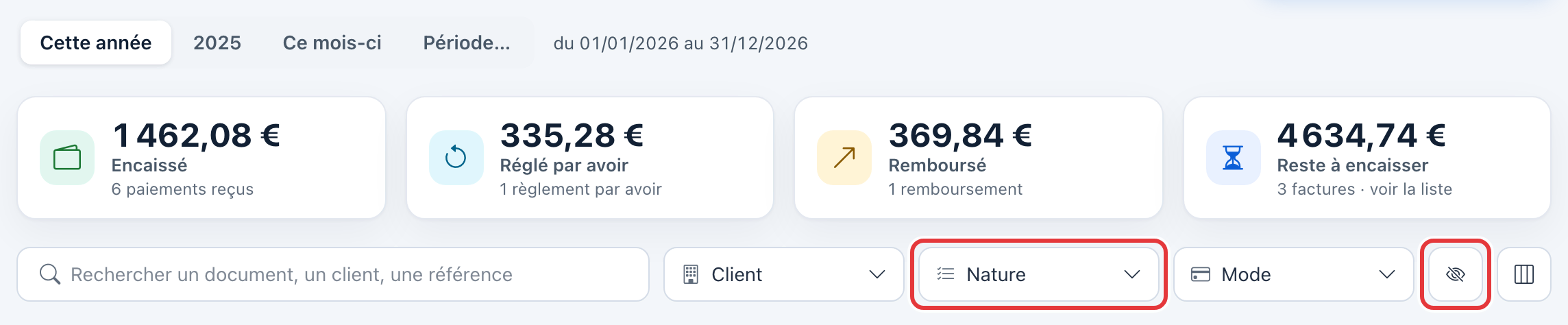 Barre d'outils de la page Paiements : le filtre Nature et le bouton œil « Masquer les chiffres » sont entourés en rouge, à côté de la recherche et des filtres Client et Mode.