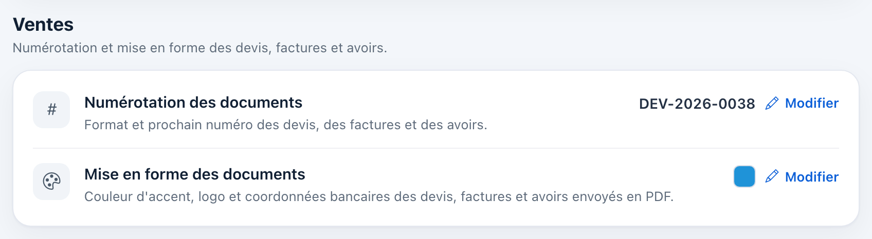 Section Ventes de Mon entreprise : Numérotation des documents (prochain numéro DEV-2026-0038) et Mise en forme des documents, chacun avec son bouton Modifier.