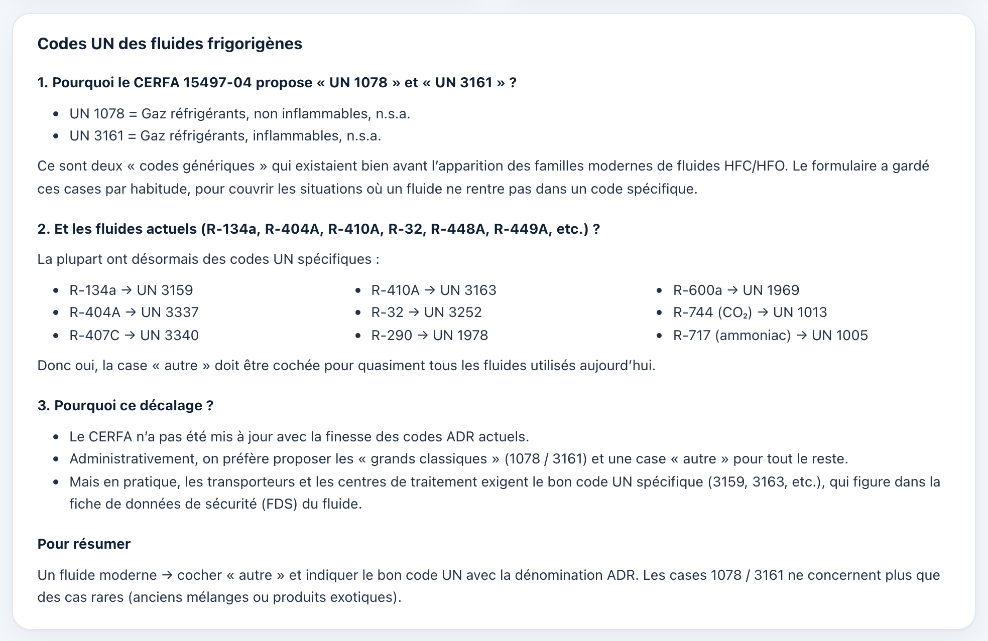 Détail « Codes UN des fluides frigorigènes » : les codes génériques 1078 et 3161, et la liste des codes spécifiques des fluides courants.