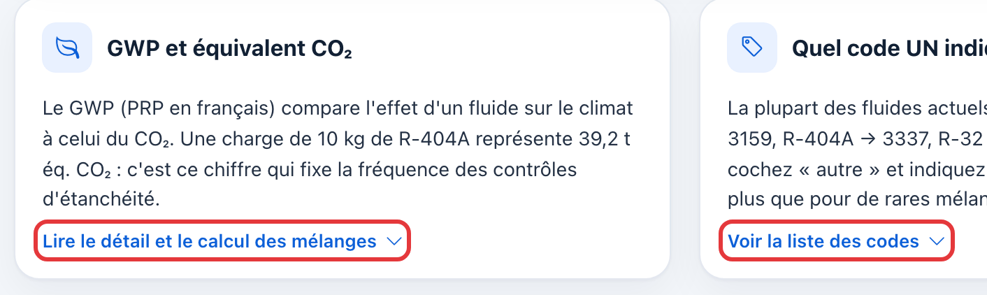 Les deux encarts d'aide : « GWP et équivalent CO₂ » et « Quel code UN indiquer ? », avec leurs liens de détail entourés en rouge.