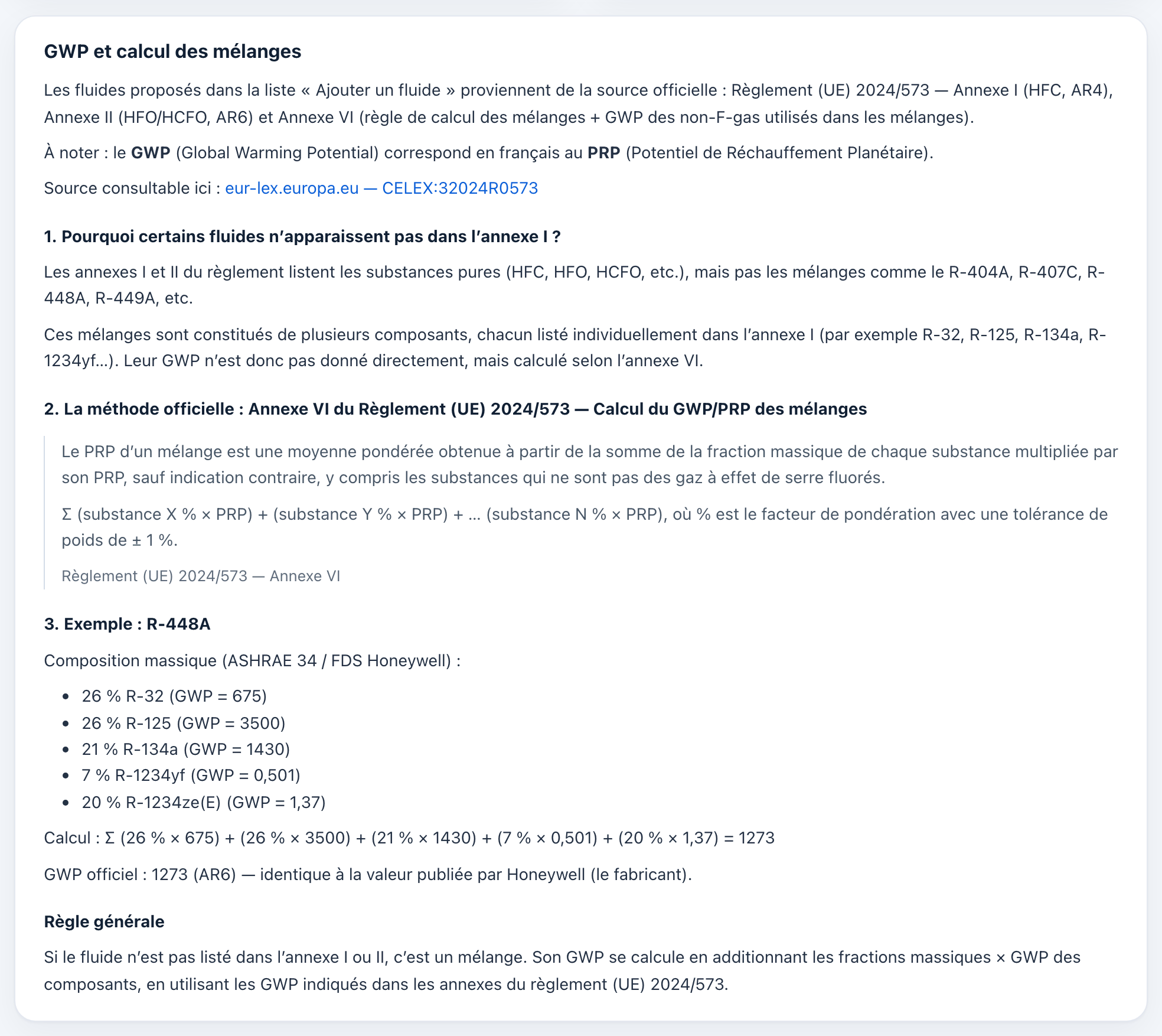 Détail « GWP et calcul des mélanges » : la source officielle, la règle de calcul de l'annexe VI et l'exemple du R-448A.