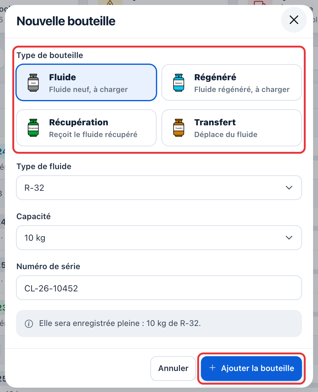 Fenêtre Nouvelle bouteille : les quatre types de bouteille et le bouton Ajouter la bouteille sont entourés en rouge ; R-32, 10 kg, numéro CL-26-10452.