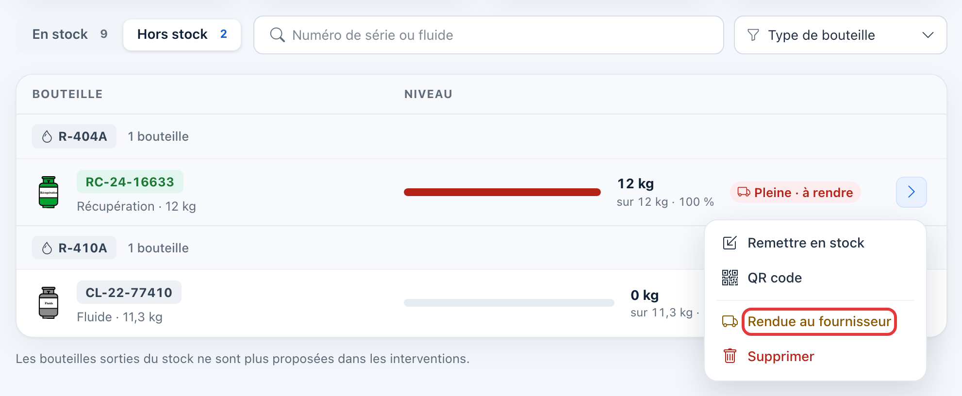 Vue Hors stock : le menu de la bouteille RC-24-16633 avec Remettre en stock, QR code, Rendue au fournisseur (entouré en rouge) et Supprimer.