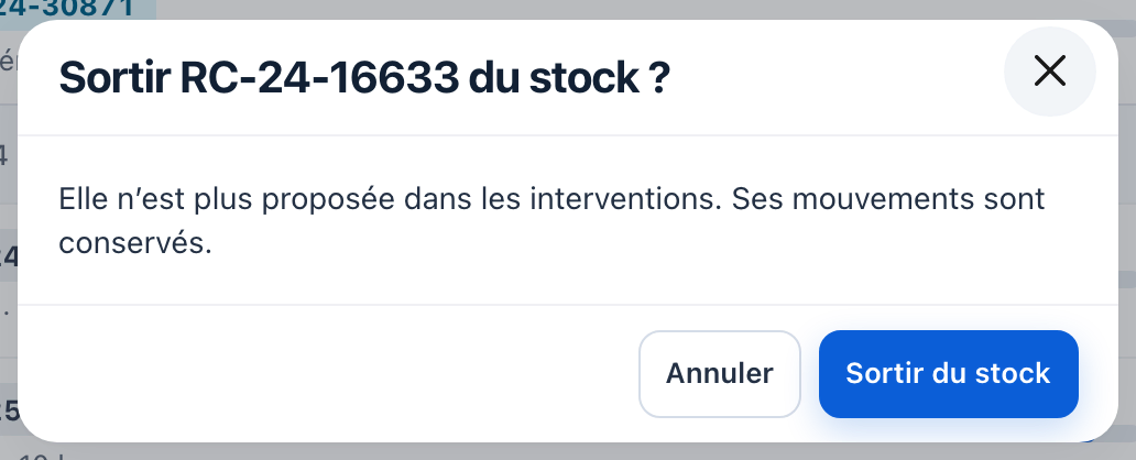 Fenêtre « Sortir RC-24-16633 du stock ? » avec le bouton Sortir du stock.