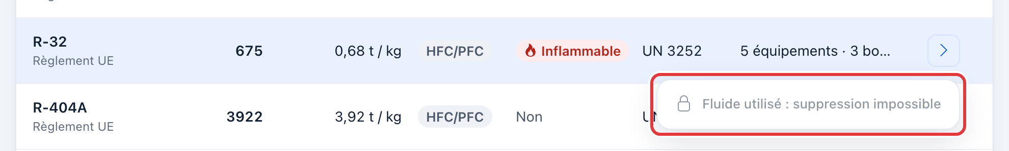 Menu du fluide R-32, utilisé : « Fluide utilisé : suppression impossible », entouré en rouge.