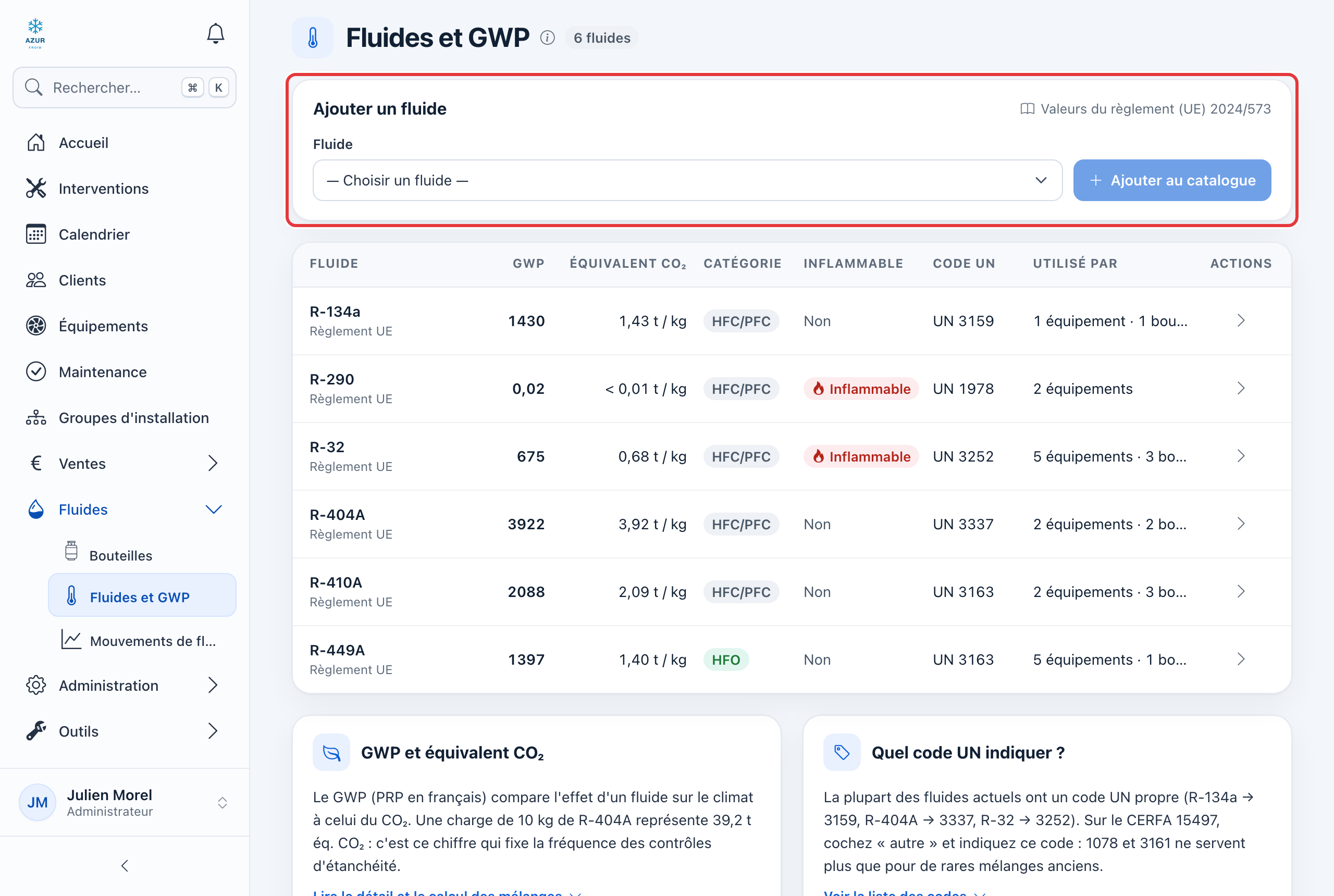 Page Fluides et GWP : la carte Ajouter un fluide, entourée en rouge, puis la liste des fluides du catalogue.