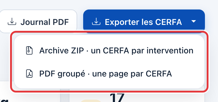 Menu du bouton Exporter les CERFA, entouré en rouge : Archive ZIP, un CERFA par intervention, et PDF groupé, une page par CERFA.