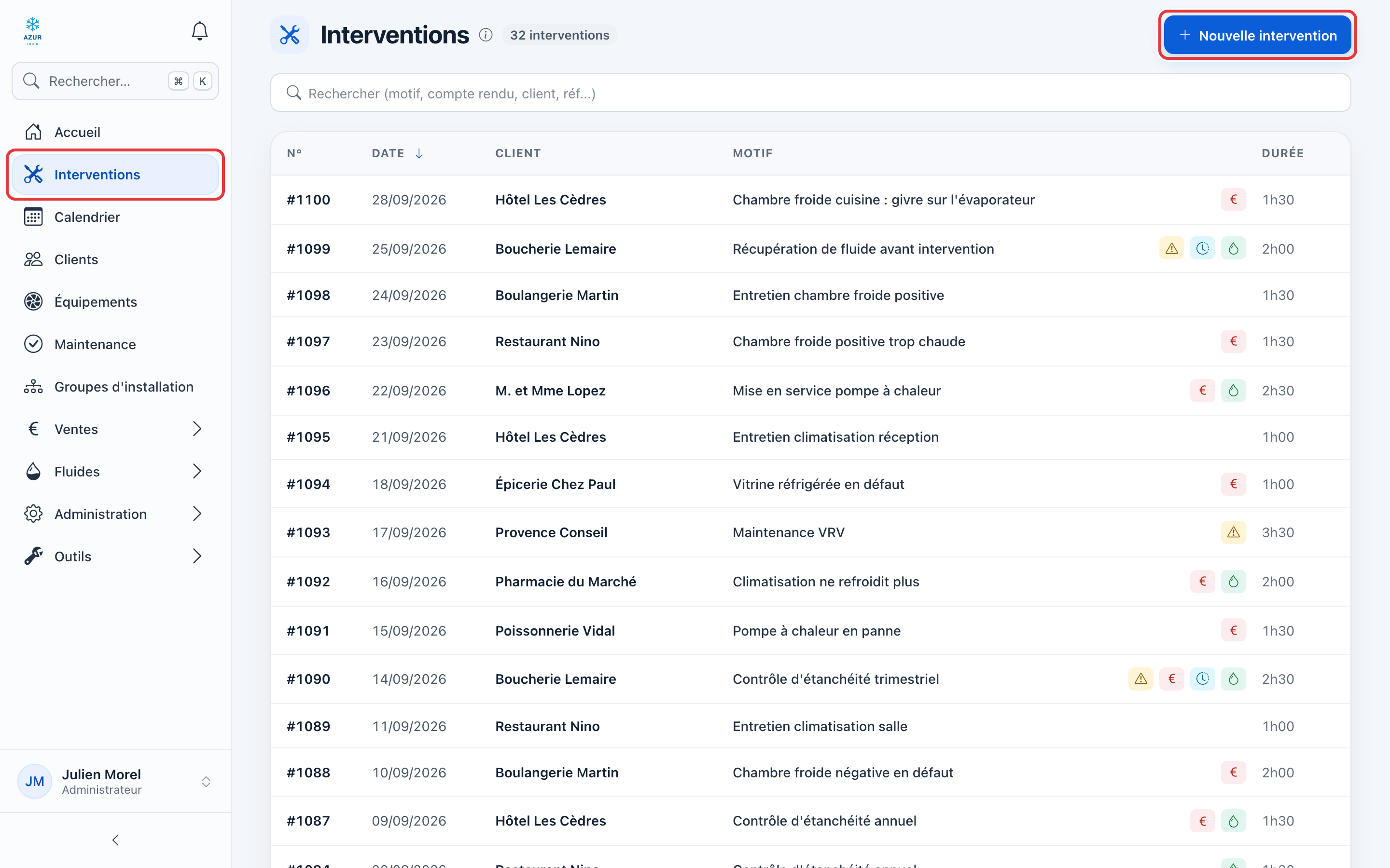 Page Interventions : le menu Interventions et le bouton Nouvelle intervention sont entourés en rouge.