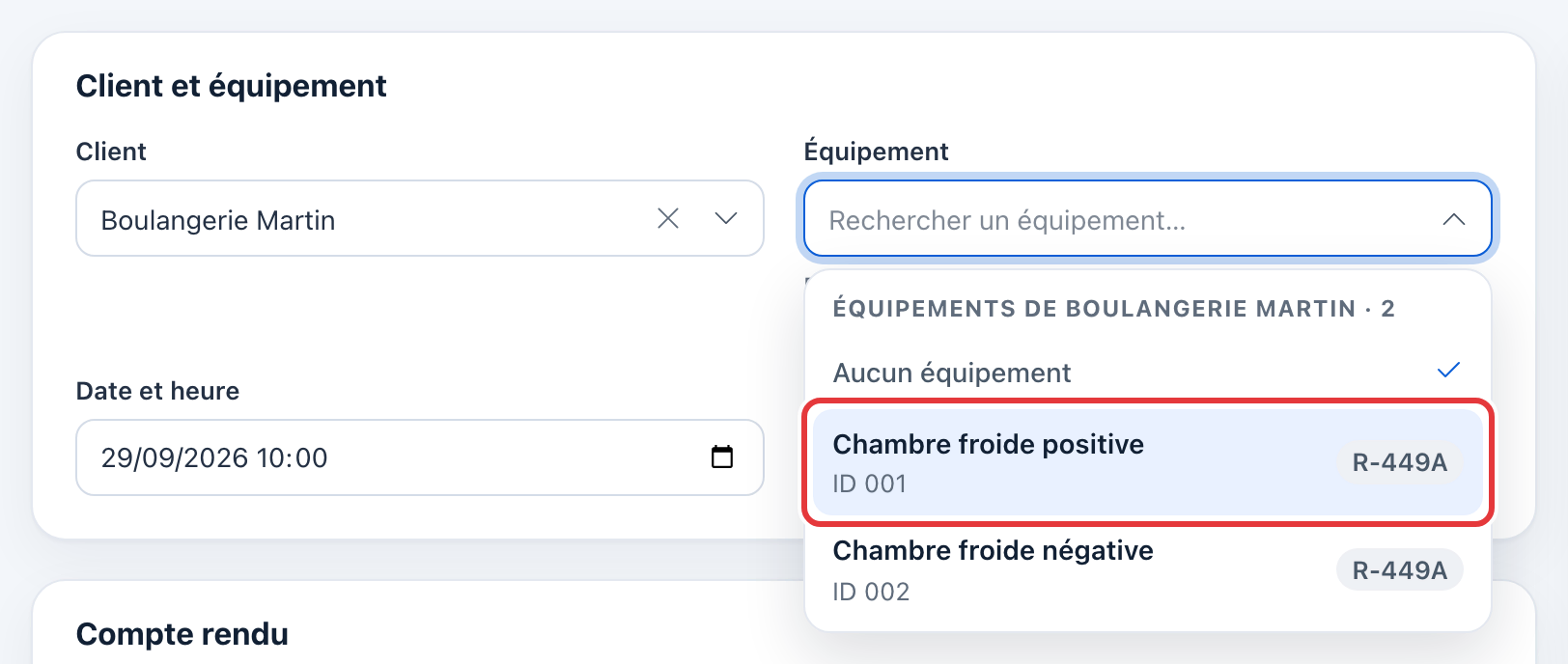 Champ Équipement : la liste des équipements de Boulangerie Martin, avec la Chambre froide positive (ID 001, R-449A) entourée en rouge.