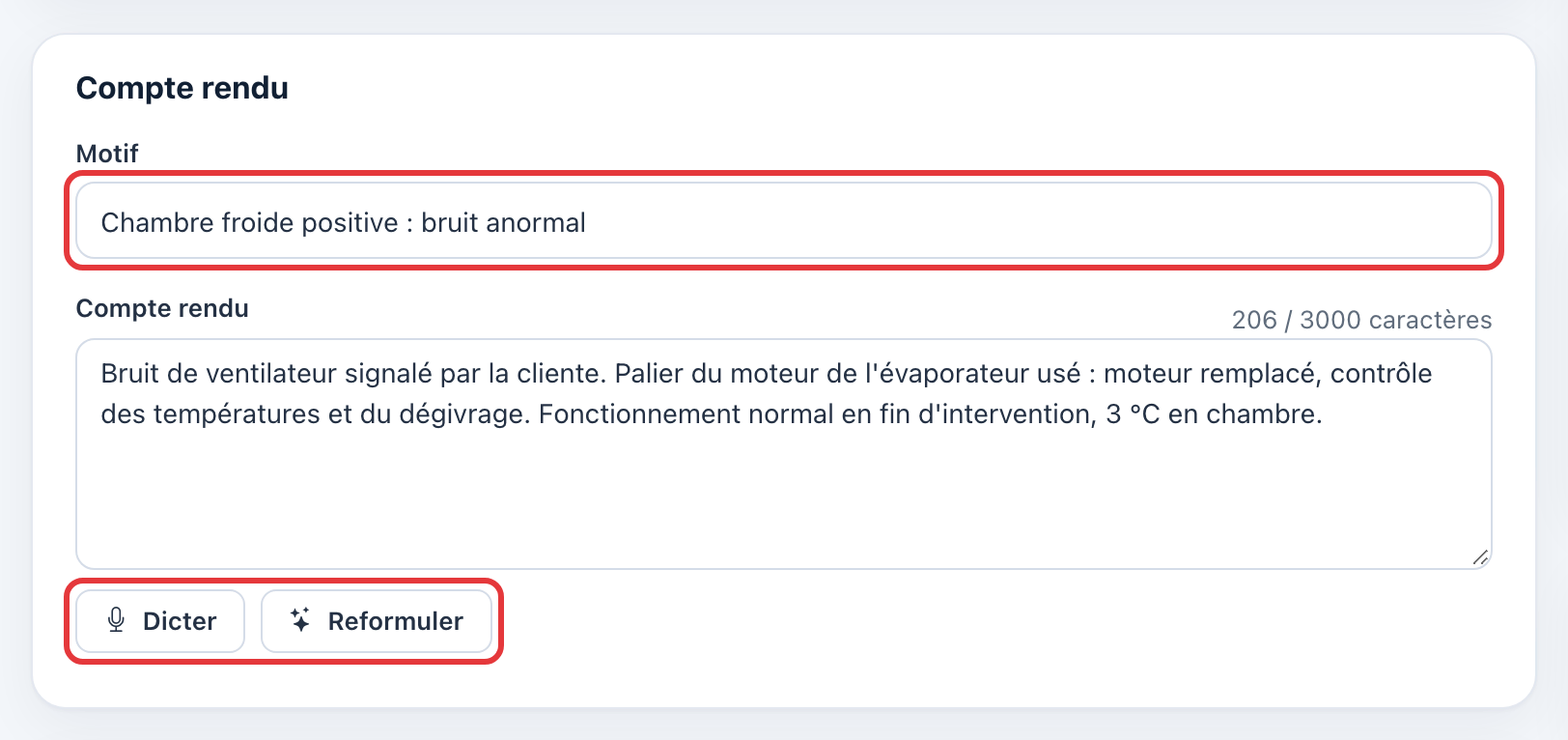 Carte Compte rendu : le champ Motif et les boutons Dicter et Reformuler sont entourés en rouge.