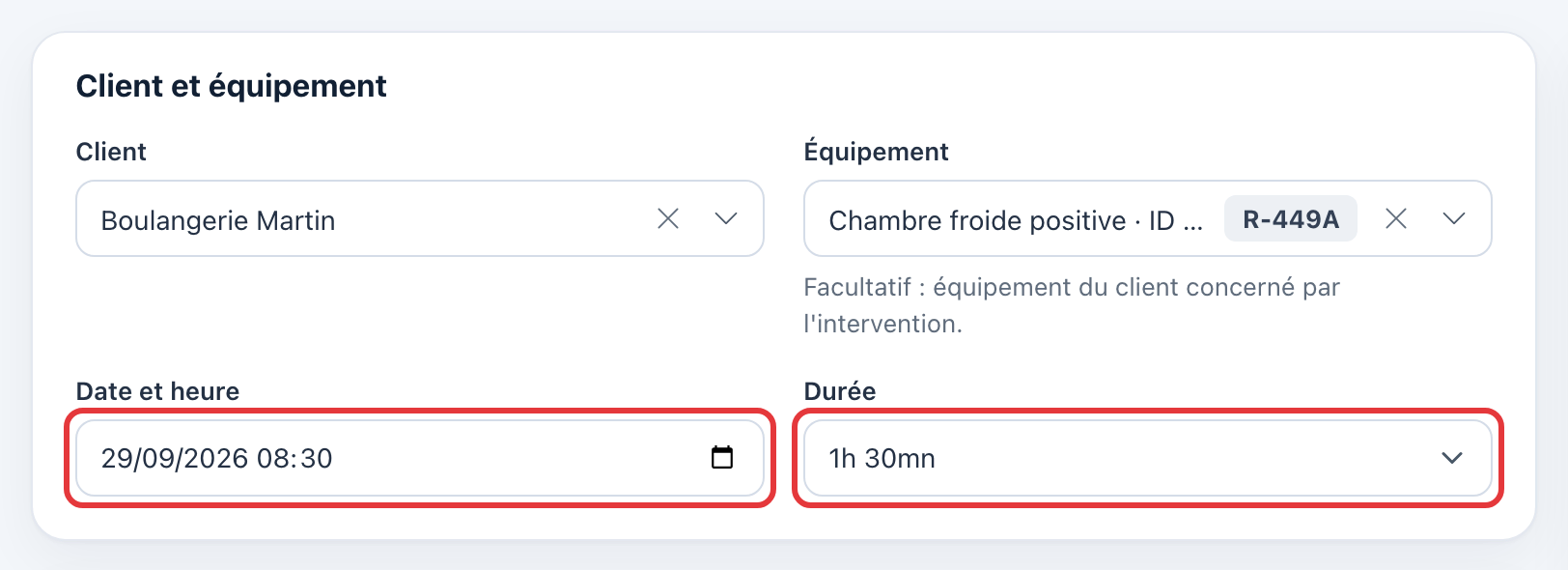Champs Date et heure et Durée (1h 30mn), entourés en rouge.