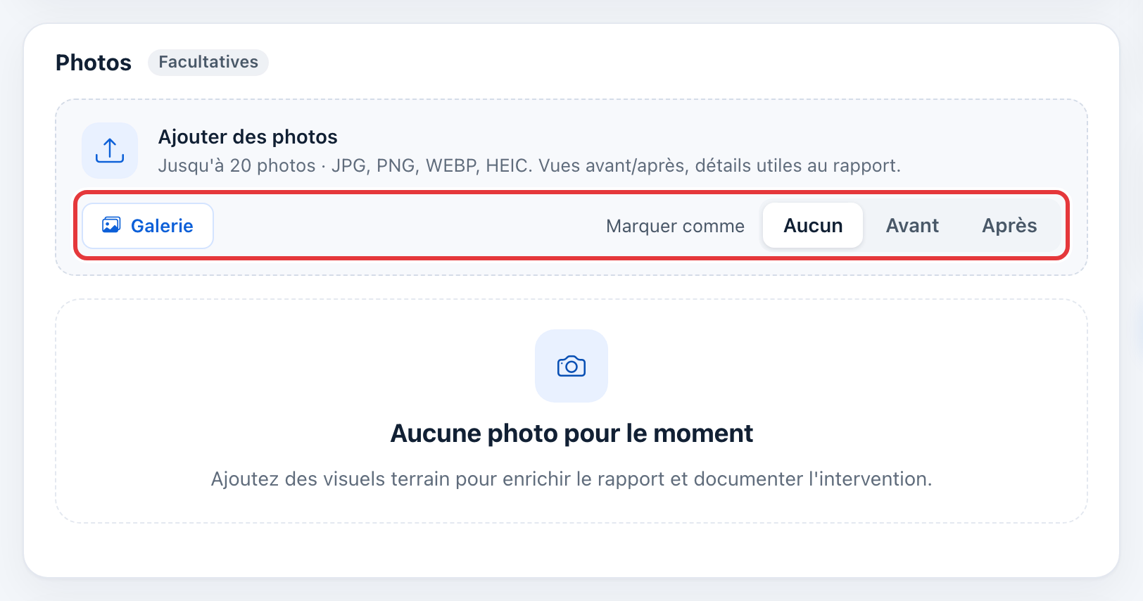 Carte Photos : le bouton Galerie et le choix Marquer comme (Aucun, Avant, Après) sont entourés en rouge.