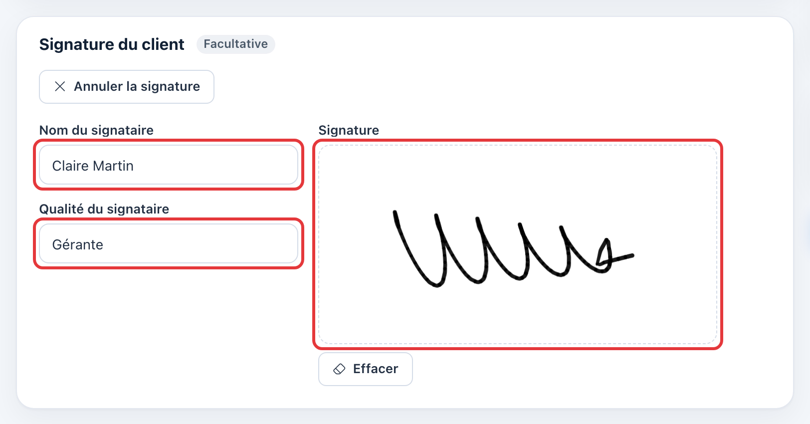 Carte Signature du client : les champs Nom du signataire (Claire Martin), Qualité du signataire (Gérante) et le cadre de signature sont entourés en rouge.