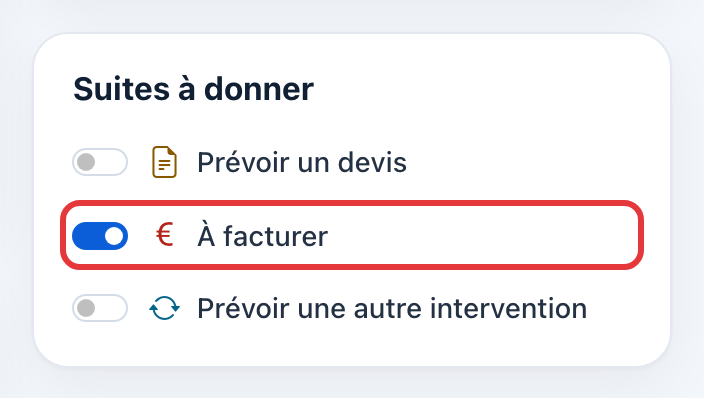 Carte Suites à donner du formulaire : l'interrupteur À facturer, activé, est entouré en rouge.