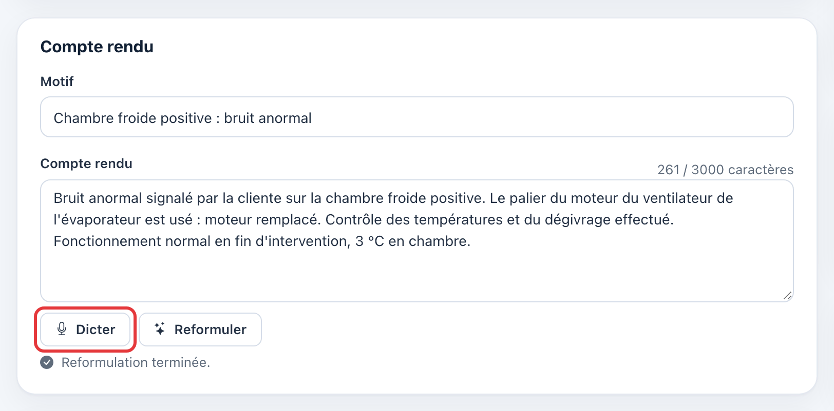 Carte Compte rendu : le bouton Dicter est entouré en rouge, sous le champ Compte rendu.