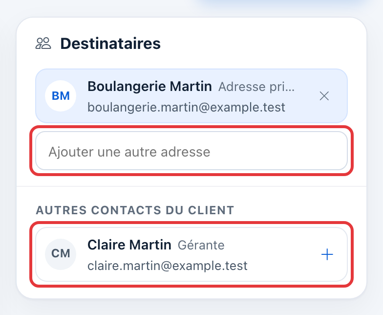 Carte Destinataires : le champ Ajouter une autre adresse et le contact Claire Martin, sous Autres contacts du client, sont entourés en rouge.