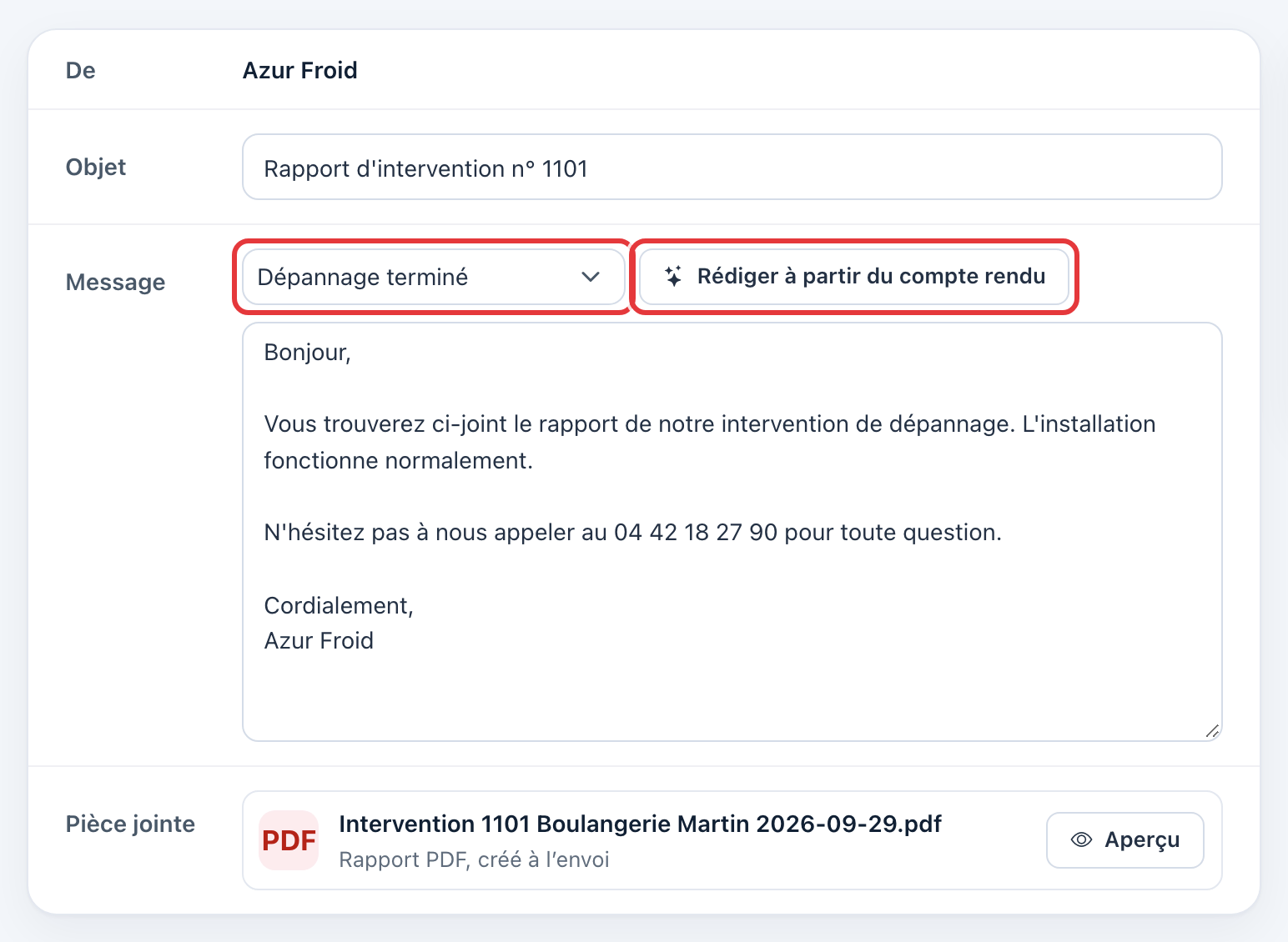Carte du message : la liste des modèles (Dépannage terminé) et le bouton Rédiger à partir du compte rendu sont entourés en rouge.