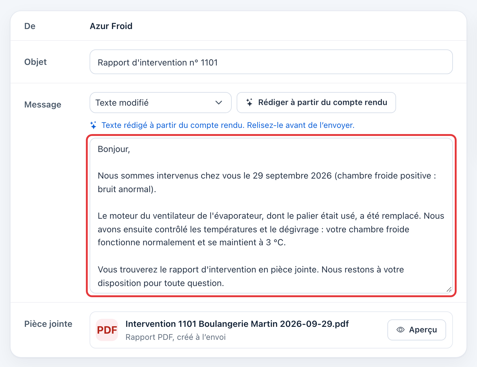 Message rédigé à partir du compte rendu, entouré en rouge, avec la mention « Relisez-le avant de l'envoyer ».