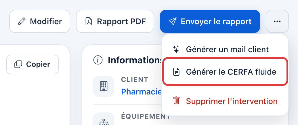 Menu ⋯ de la fiche ouvert : Générer un mail client, Générer le CERFA fluide (entouré en rouge) et Supprimer l'intervention.