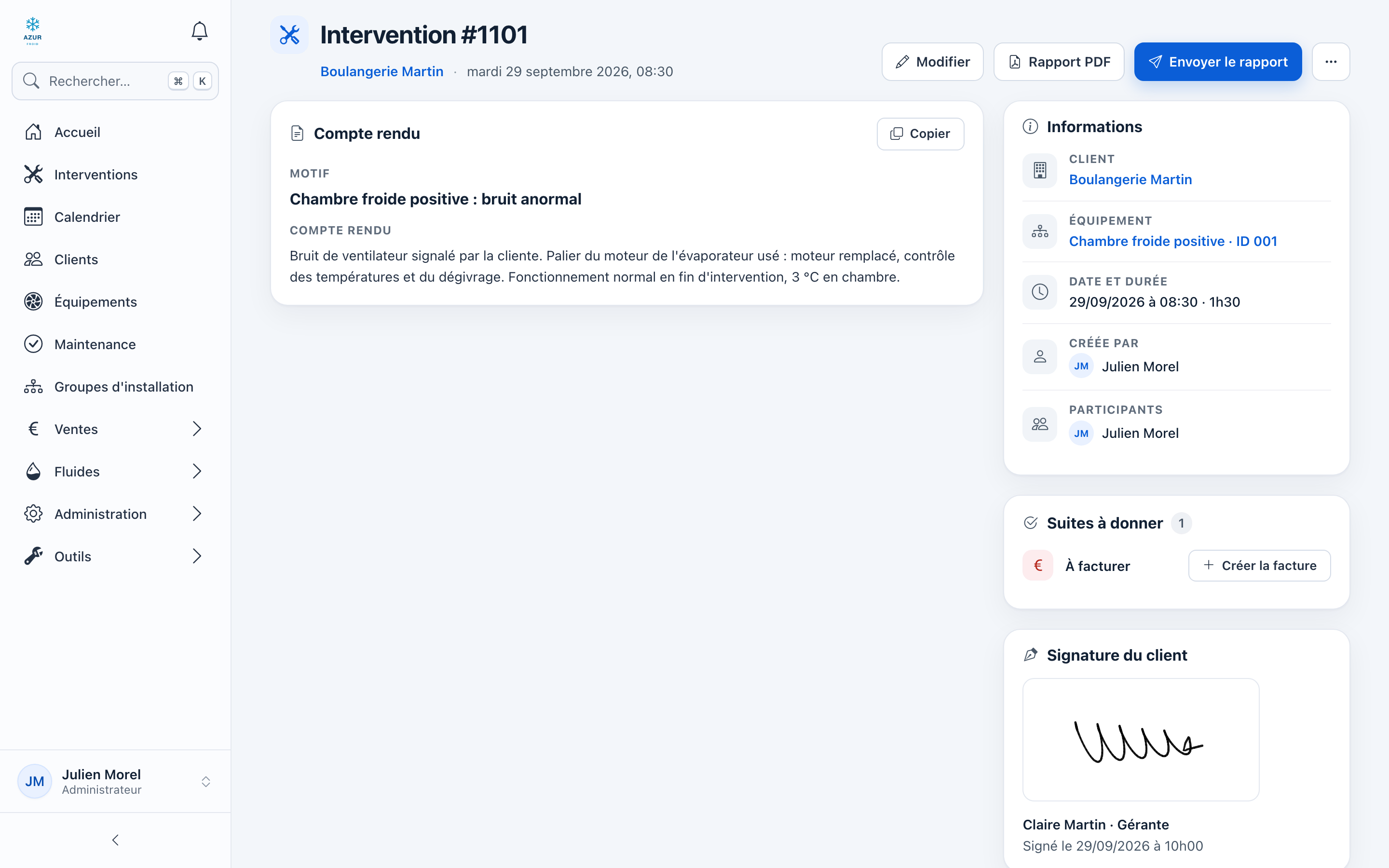 Fiche de l'intervention n° 1101 : compte rendu à gauche ; informations, suites à donner et signature à droite ; boutons Modifier, Rapport PDF, Envoyer le rapport et ⋯ en haut.