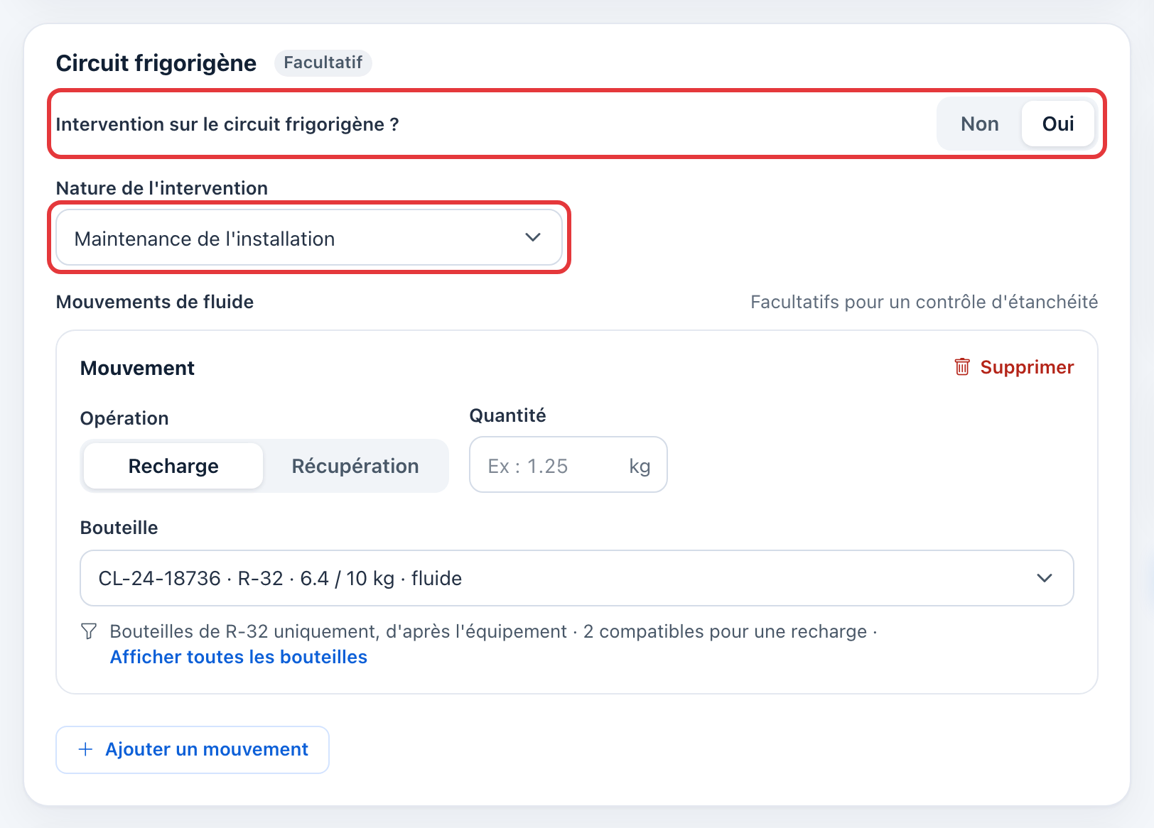 Carte Circuit frigorigène : la réponse Oui et la liste Nature de l'intervention (Maintenance) sont entourées en rouge.