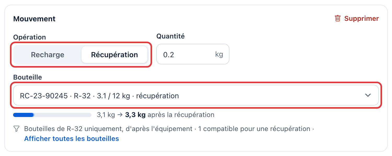 Un mouvement de récupération : le choix Récupération et la bouteille de récupération RC-23-90245 sont entourés en rouge.