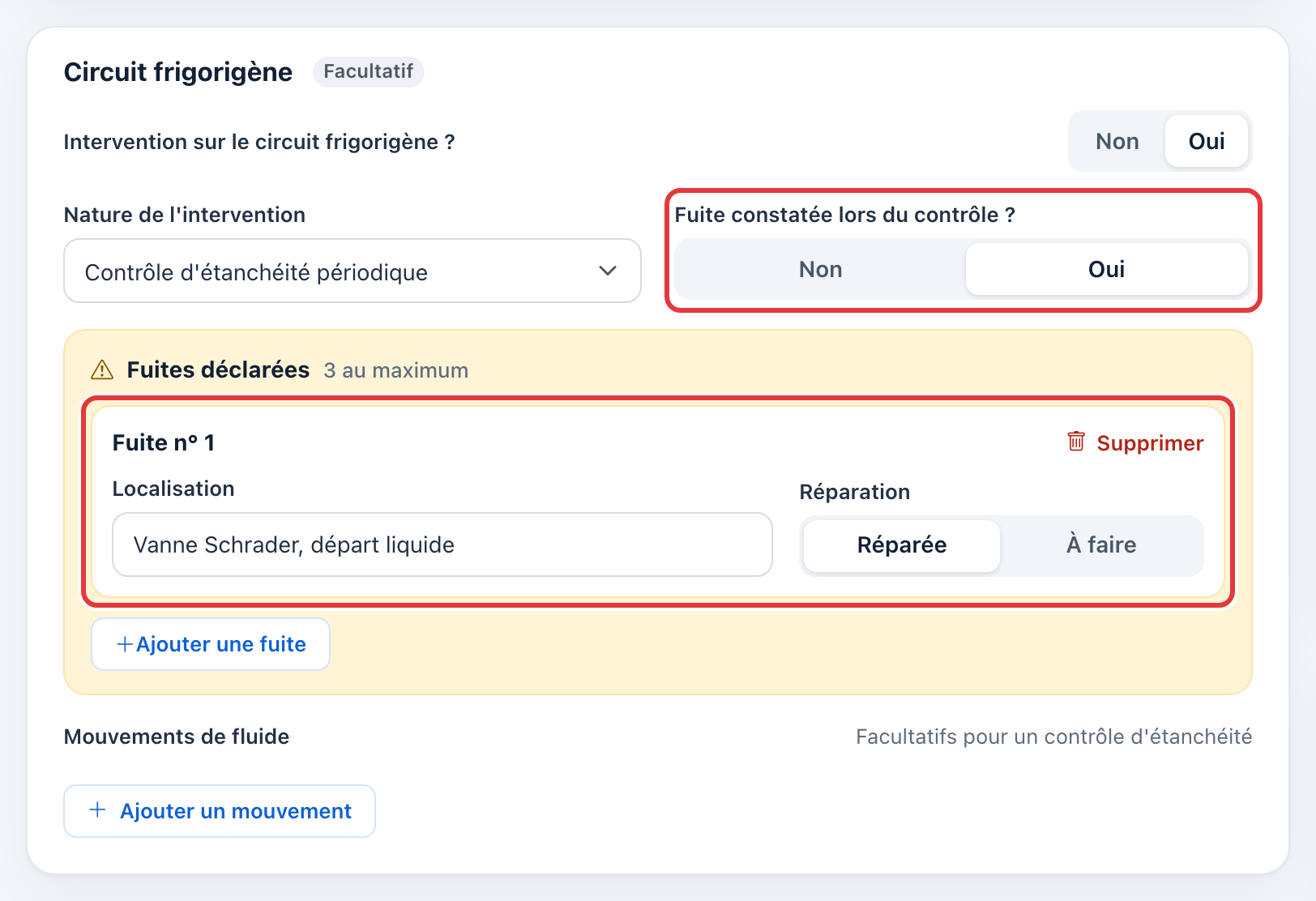 Contrôle d'étanchéité périodique : la question « Fuite constatée lors du contrôle ? » (Oui) et la fuite n° 1 (localisation, réparation Réparée) sont entourées en rouge.