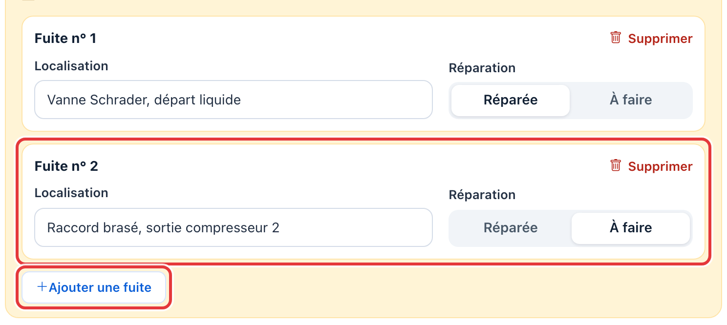 Deux fuites déclarées : la fuite n° 2, avec la réparation À faire, et le bouton Ajouter une fuite sont entourés en rouge.