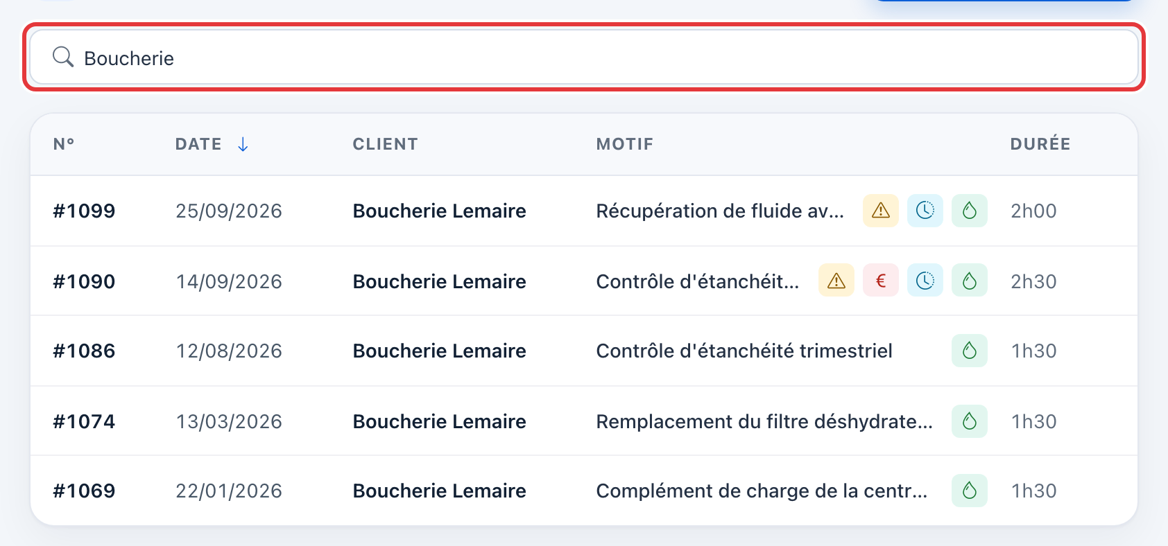 Recherche « Boucherie » : seules les interventions de la Boucherie Lemaire restent dans la liste.