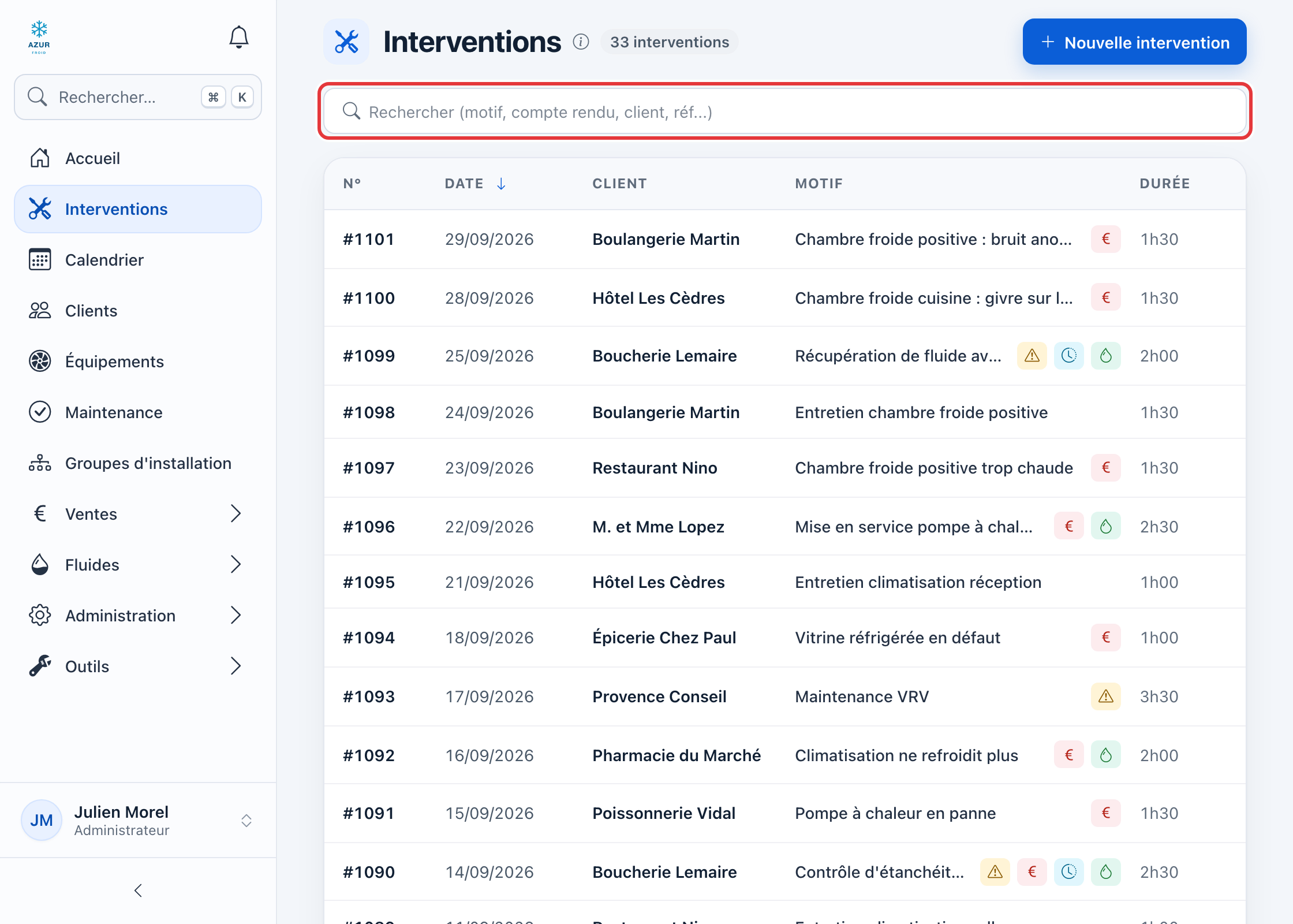 Page Interventions : la liste des interventions avec le champ de recherche entouré en rouge.