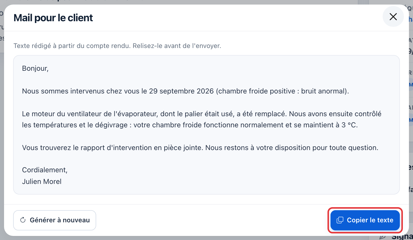 Fenêtre Mail pour le client : le texte rédigé et le bouton Copier le texte, entouré en rouge.