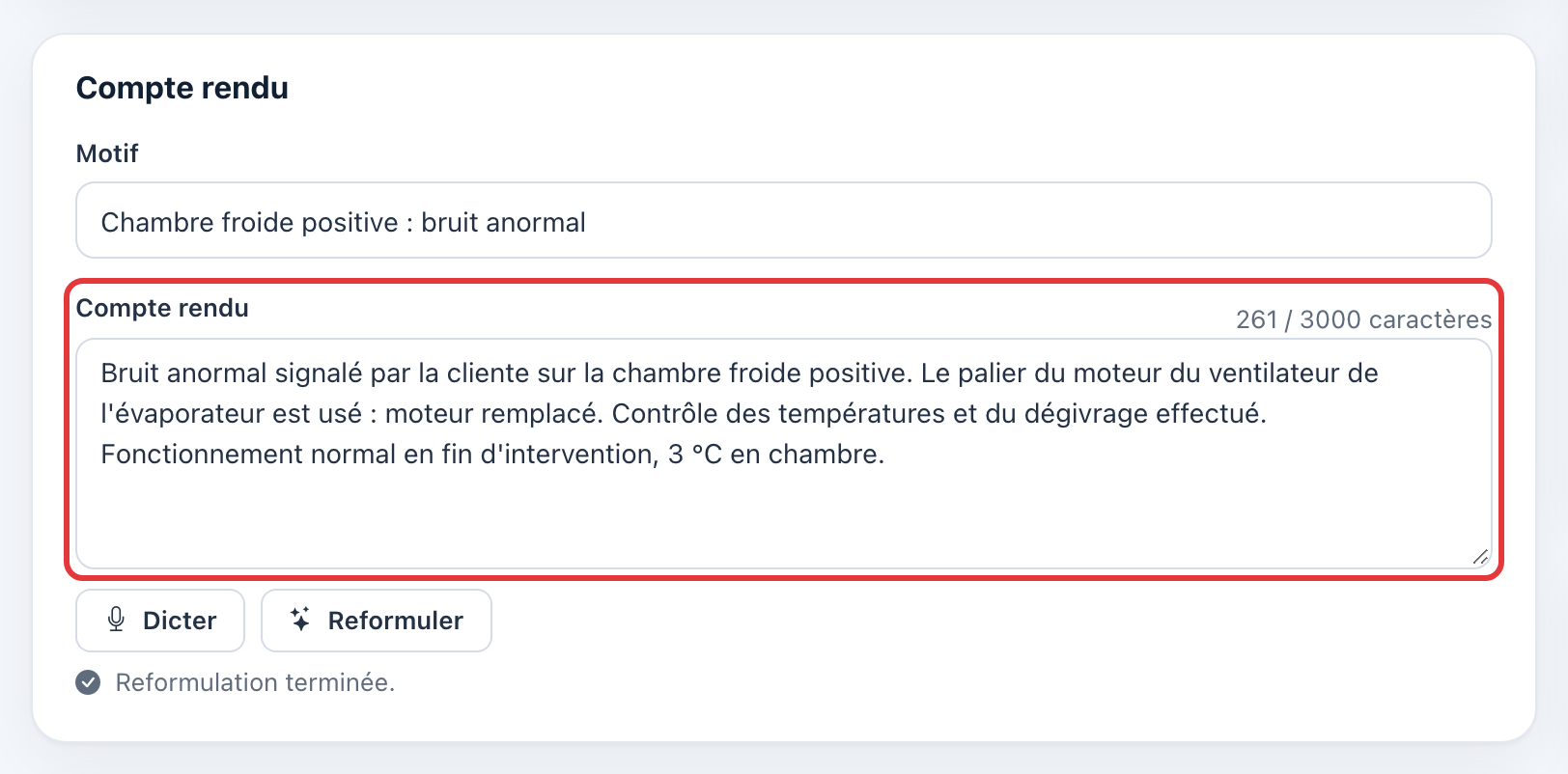 Le même compte rendu reformulé : phrases complètes, orthographe corrigée, entouré en rouge.