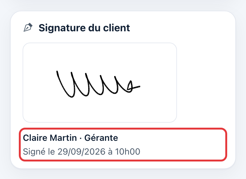 Fiche de l'intervention : la carte Signature du client, avec « Claire Martin · Gérante » et « Signé le … » entourés en rouge.