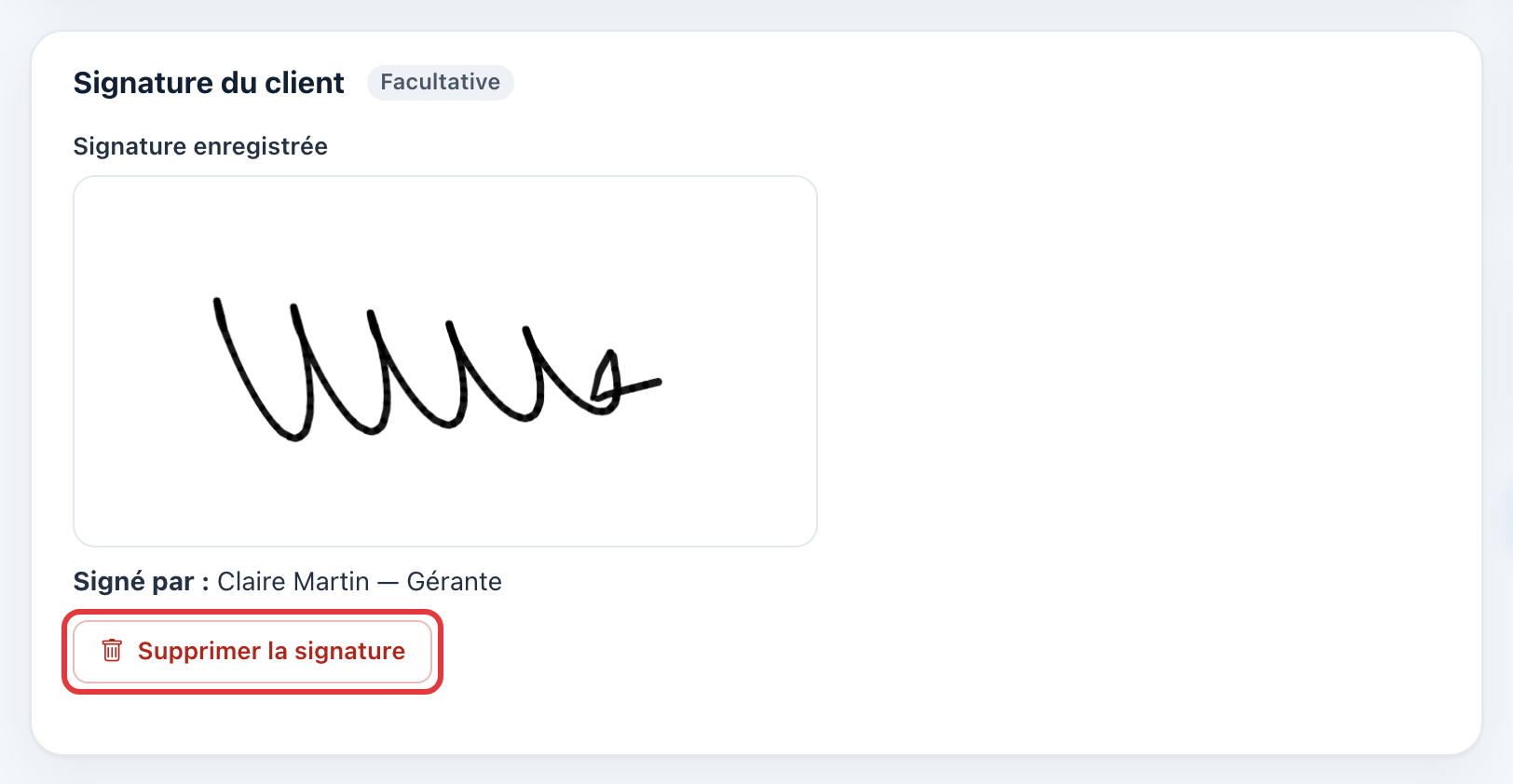 Formulaire en modification : la signature enregistrée et le bouton Supprimer la signature, entouré en rouge.