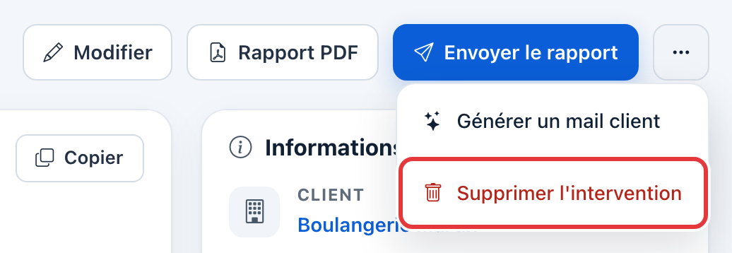 Menu ⋯ de la fiche ouvert : Supprimer l'intervention est entouré en rouge.