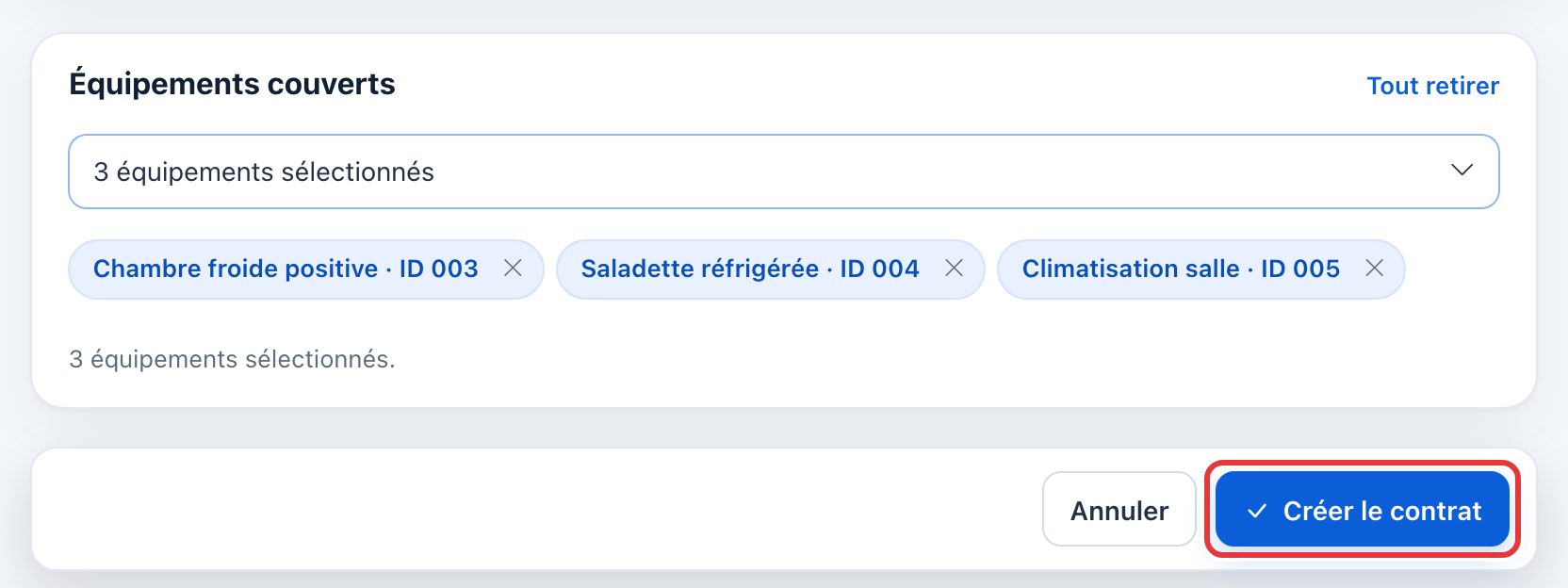 Bas du formulaire : le bouton Créer le contrat est entouré en rouge.